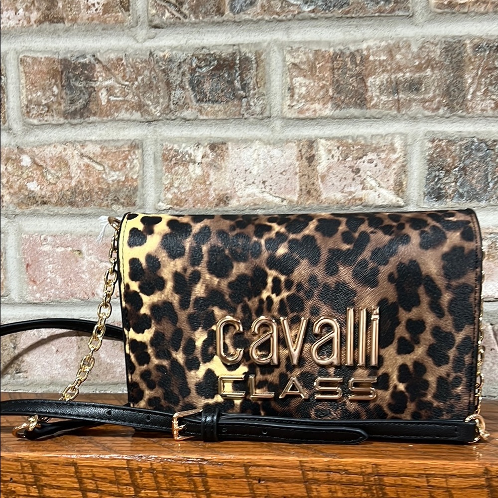 Cavalli Class Brown and Gold Mini Bag with Leopard Print Design